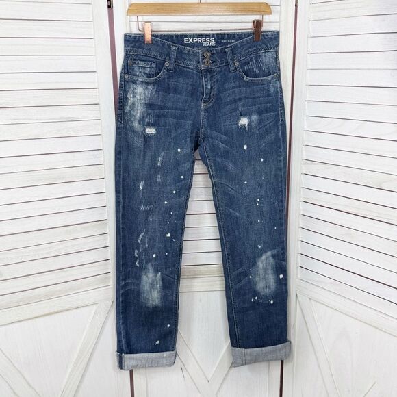 Express Denim - Express Distressed Bleach Splatter Baggy Straight Leg Boyfriend Jeans Blue 2